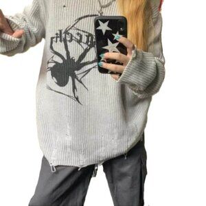 Y2K Grunge Goth Knit Distressed Sweater Edgy Spider Cosmique Studio